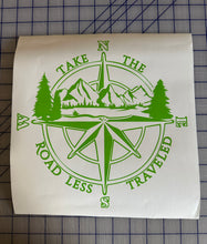 Load image into Gallery viewer, Take the Road Less Traveled compass mountains car decal