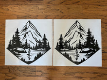Load image into Gallery viewer, Die cut vinyl decals for cornhole boards depicting mountains lake and a paddle boarder 