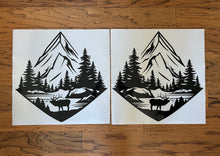 Load image into Gallery viewer, Die cut vinyl decals for cornhole boards depicting mountains lake and an elk