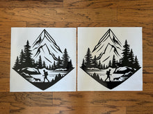 Load image into Gallery viewer, Die cut vinyl decals for cornhole boards depicting mountains lake and a hiker backpacker walking with a dog 