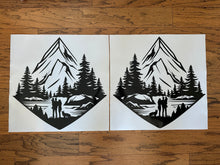 Load image into Gallery viewer, Die cut vinyl decals for cornhole board application depicting mountains lake and a family with their dog enjoying the view 