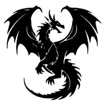 Load image into Gallery viewer, A black dragon silhouette graphic vinyl decal with wings spread.