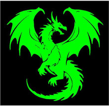 Load image into Gallery viewer, A bright lime green dragon silhouette vinyl car decal with wings spread.
