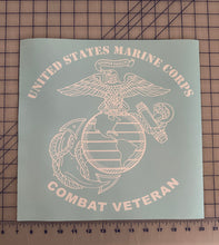 Load image into Gallery viewer, A Decal featuring United States Marine Corps Eagle, Globe, and Anchor emblem with the words 'UNITED STATES MARINE CORPS' and 'COMBAT VETERAN' in White vinyl.