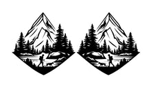 Load image into Gallery viewer, Mountain Lake Hiker with dog cornhole board decals