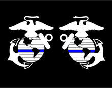 Load image into Gallery viewer, Set of 2 right and left facing Marine Corps Eagle, Globe, and Anchor emblems with a thin blue line Vinyl Decal Stickers